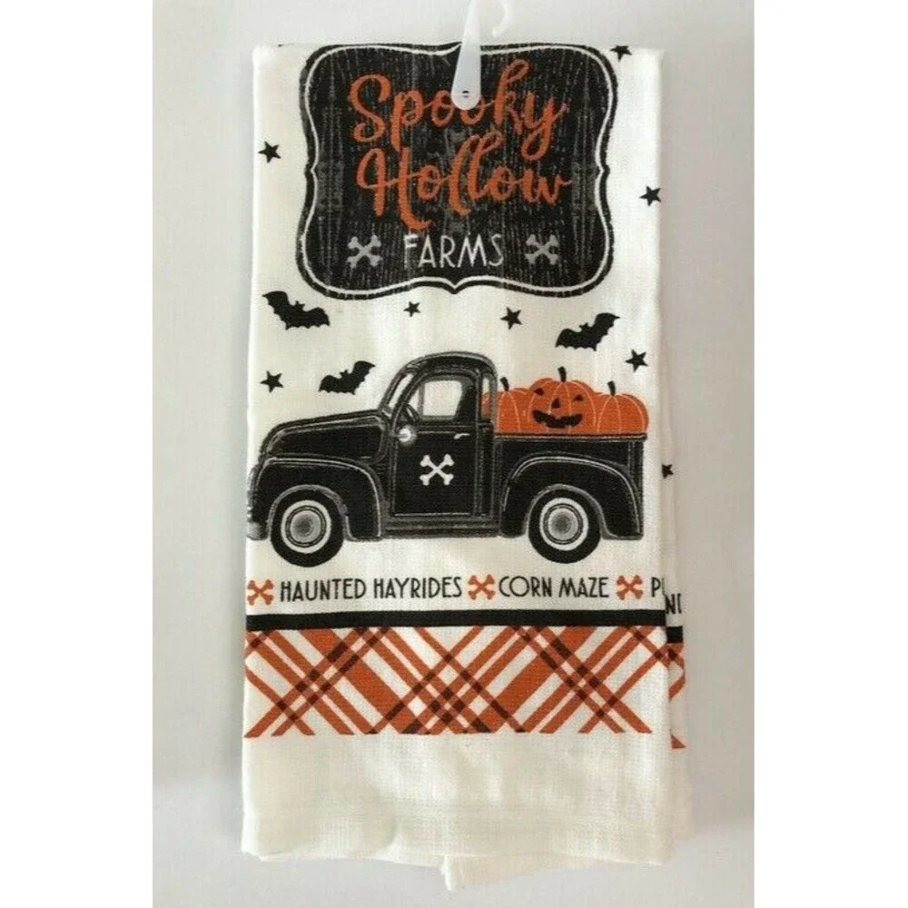 Halloween Kitchen Dish Towels Oven Mitt Potholder Set of 4 Farm Truck Pumpkins